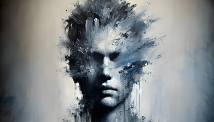 Young male Depression and Anxiety Portrait, Abstract Emotional Young male Painting, Sad young man in Abstract Oil Painting, Expression of teen Sadness, Artistic Representation of a Melancholy