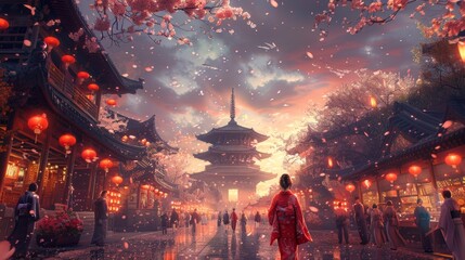 Traditional japanese festival with cherry blossoms and lanterns generative ai