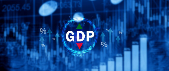 GDP business concept, GDP Gross Domestic Product Gross Domestic Product GDP improvement concept, Arrow and charts, Business growth measure for size of economy compiled for country.
