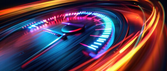 Digital speedometer with colorful lines of glowing neon lights with slow motion highway.