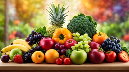 A table full of fruits and vegetables including apples, bananas, grapes