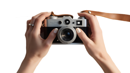 woman hands holding camera with isolated transparent background