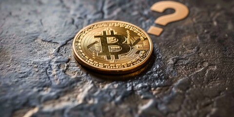 Close-up of a Bitcoin coin next to a question mark on a textured stone surface, symbolizing uncertainty in cryptocurrency investment.
