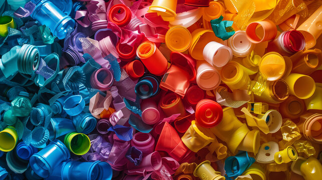 Large amounts of colored plastic waste for recycling.