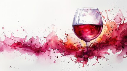 Fototapeta premium A stylish watercolor illustration of a red wine stain on a white background. The design features a ring from a wine glass, splatters, and artistic blotches, suitable for drink-related or artistic