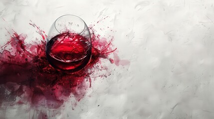 A modern artistic background showcasing a red wine stain with watercolor splashes and a glass ring on a white surface. The design includes a round blot, splatters, and creative textures