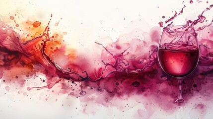 A vibrant watercolor image of a red wine stain with a distinct circular glass mark and splatters. The background includes artistic blotches and textures on a white surface