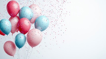 White background with colorful balloons at the top and bottom, birthday decoration style, with colorful balloons, light blue and dark gray tones