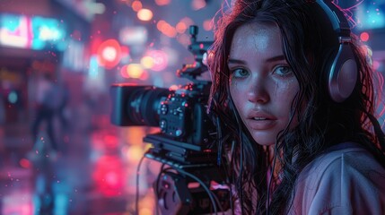 Woman filming in neon-lit street - generative ai