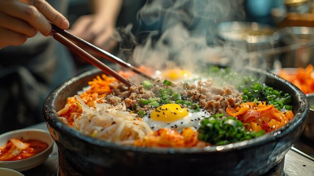 Korean bibimbap with vibrant ingredients - generative ai