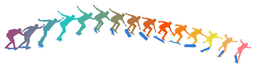 Dynamic silhouette sequence of skateboarder performing mid-air trick. Frame-by-frame image of skate trick. Multicolored vector illustration of silhouette. Fluid motion and athletic skateboarding skill