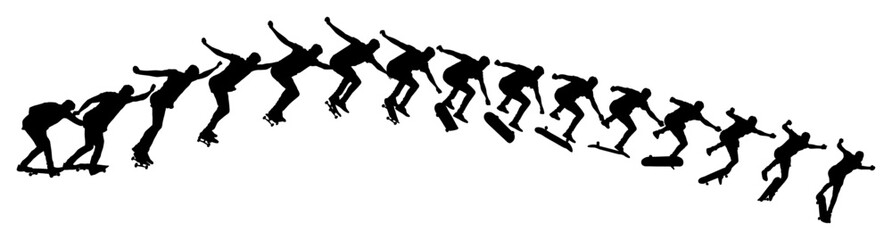 Dynamic silhouette sequence of skateboarder performing mid-air trick. Frame-by-frame image of skate trick. Black vector illustration of silhouette. Fluid motion and athletic skateboarding skill