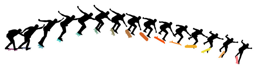 Dynamic silhouette sequence of skateboarder performing mid-air trick. Frame-by-frame image of skate trick. Multicolored vector illustration of silhouette. Fluid motion and athletic skateboarding skill