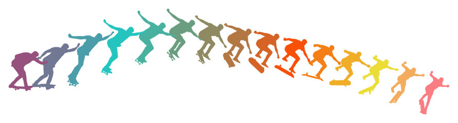 Dynamic silhouette sequence of skateboarder performing mid-air trick. Frame-by-frame image of skate trick. Multicolored vector illustration of silhouette. Fluid motion and athletic skateboarding skill