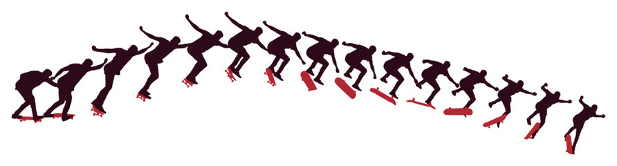 Dynamic silhouette sequence of skateboarder performing mid-air trick. Frame-by-frame image of skate trick. Colored vector illustration of silhouette. Fluid motion and athletic skateboarding skill