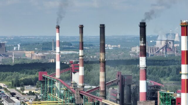 Aerial drone view Coking Plant factory. Coke plant. Heavy industry in Europe, Poland, Dabrowa Gornicza. Air pollution from chimneys. Close up shot of the chimneys from the steelworks coking plant.