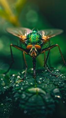 Fototapeta premium Verdant Intrigue: A Macro Portrait of a Green Fly Perched on a Leaf with a Naturally Blurred Background, Embracing the Delicate Details of Insect Life