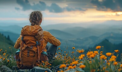 A hiker woman sits at the mountain's summit, marveling at the stunning landscape, feeling blissful and at peace with nature.