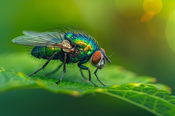 Verdant Intrigue: A Macro Portrait of a Green Fly Perched on a Leaf with a Naturally Blurred Background, Embracing the Delicate Details of Insect Life