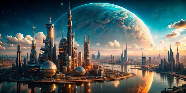 Futuristic cityscape on an alien planet with advanced technology, alien, civilization, futuristic