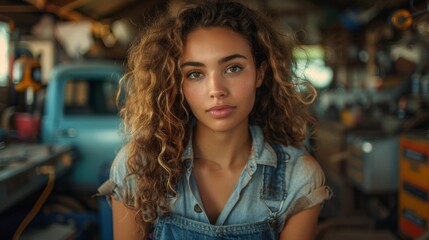 Portrait of a young woman in a rustic workshop - generative ai