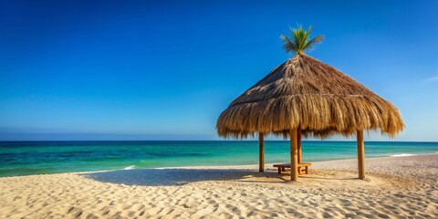 Palapa hut on sandy beach with clear blue sky in background, palapa, beach, tropical, hut, sand, vacation