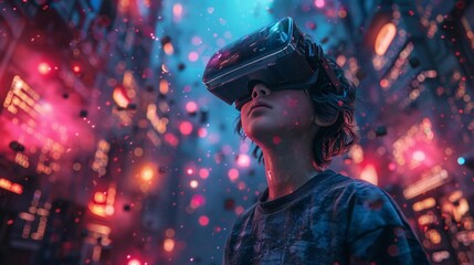 Child experiencing virtual reality in a futuristic city - generative ai