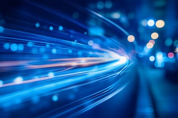 Vibrant blue backdrop with streaks of light trails