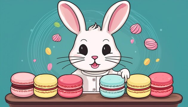 Cute Bunny making and decorating various macaroons. Cartoon Illustration