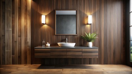Fototapeta premium Dark wooden bathroom with sleek sink and reflective mirror, dark, wooden, bathroom, interior, sink, mirror, modern, design