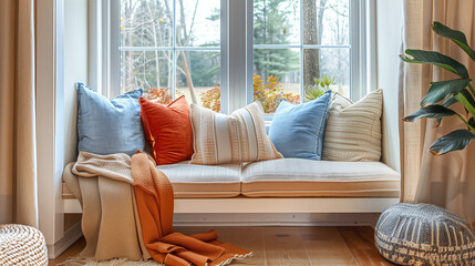 Cozy Reading Nook by the Window A small bench or cushioned seat by a large window, surrounded by pillows and blankets. Natural light floods the area, creating a perfect spot for re