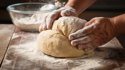 Fototapeta premium A person kneading dough on a wooden table with hands, AI