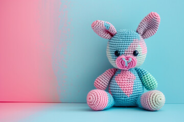 Fototapeta premium Sad little crocheted rabbit, pessimism. Handmade, knitted toy on pink and blue background. Handwork, hobby. Craft diy newborn --ar 3:2 Job ID: 6464f57b-af14-4ded-9fae-6f44536c3a43