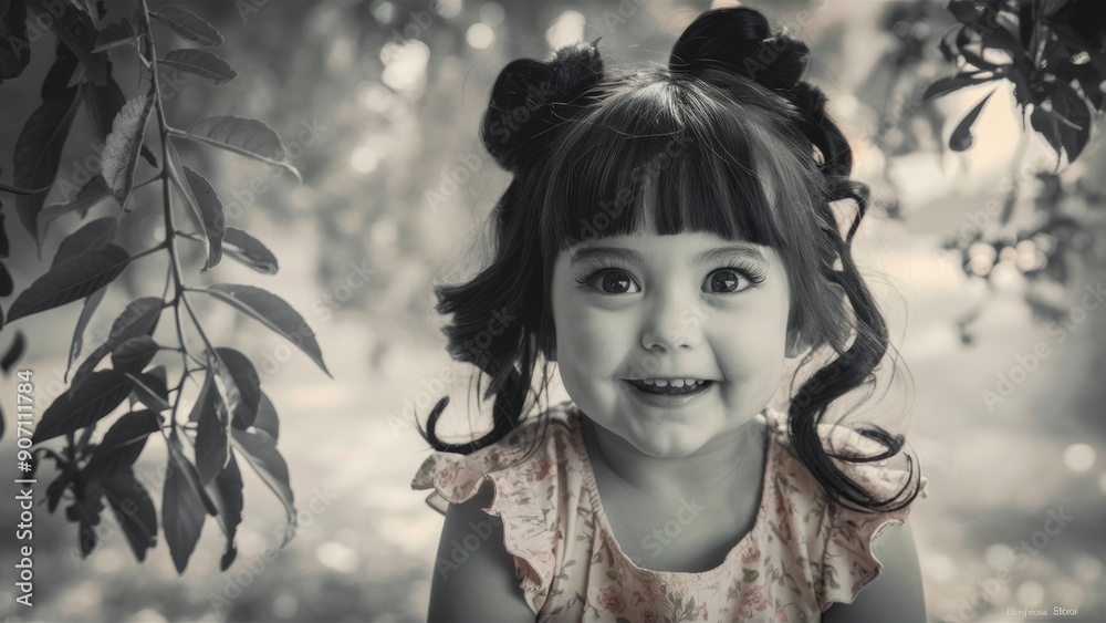 Wall mural A little girl smiling in front of a tree with leaves, AI