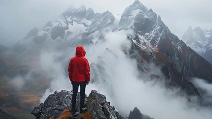A hiker stands on a rocky outcrop, wearing a red jacket, gazing at snow-covered peaks shrouded in mist during a cloudy morning. - Powered by Adobe