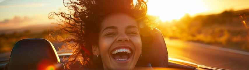 A woman is driving a car and smiling