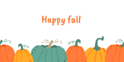 Autumn hand-drawn border with pumpkins, gourds and leaves. Fall orange vegetables. Banner with fresh ripe squashes in vintage style. 