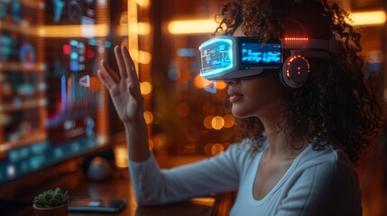 Woman using virtual reality headset in tech environment - generative ai