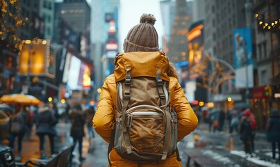 Image of a young traveler just arriving in New York City, holding her backpack with excitement.
