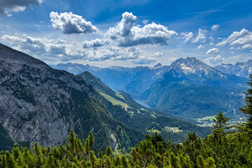 Amazing view shows snow capped Bavarian Alps from high elevation