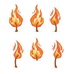 Six stylized cartoon flames engulf trees, vibrant illustration, fiery forest blaze concept. Cartoon wildfires, conceptual danger environmental crisis, inferno consuming wood elements. Fiery orange