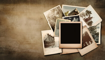 Empty polaroid photo with vintage photo collage on retro texture and grunge Background. copy space. for your design