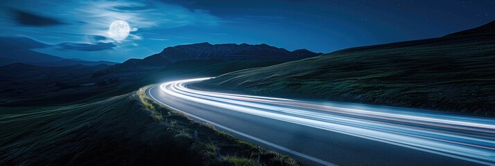 Obraz premium Moonlit winding road at night in Italy Blurred car headlights illuminate the asphalt with light trails mountains and a moonlit sky