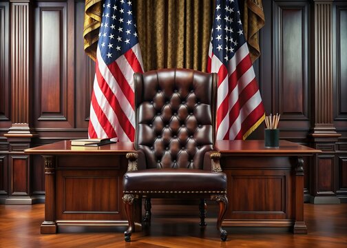 Formal dark-wood office setting featuring a stately table, high-back leather chair, and proud American flag standing tall behind, conveying authority and patriotism.