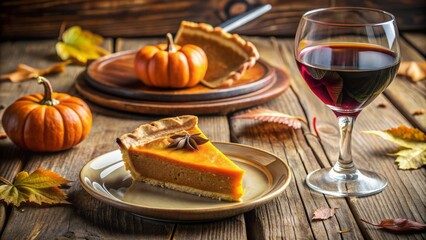 Golden spiced filling oozes from a slice of pumpkin pie, elegantly served on a rustic wooden table alongside a glass of wine, evoking autumnal coziness.