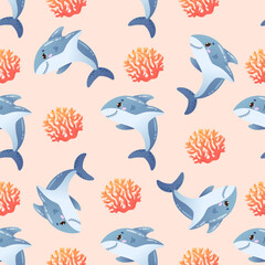 Colourful seamless pattern with cute cartoon shark and coral on peach background. Vector illustration 