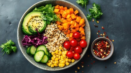 Vibrant Buddha Bowl: Nutritious Feast of Colorful Vegetables, Wholesome Grains, & Lean Proteins. Balanced Healthy Meal Showcasing Plant-Based Ingredients for Clean Eating & Wellness-Focused Lifestyle.