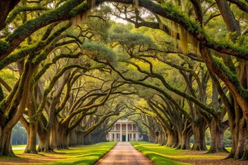 Majestic avenue of ancient oak trees with moss-draped branches stretches towards historic antebellum mansion on scenic grounds of renowned Charleston plantation estate.
