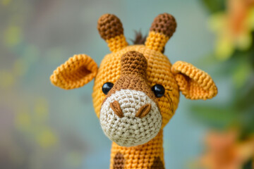 Obraz premium Little crocheted giraffe, closeup. Handmade, knitted toy, amigurumi. DIY