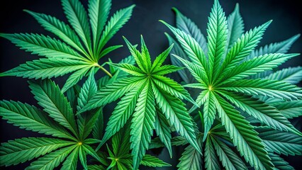 Fototapeta premium Vibrant green marijuana leaves with serrated edges and delicate veins stand out against a dark, muted background, providing ample copy space for text or design.